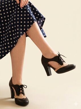 Miz Mooz Joyce Oxford 50's VTG Inspired Pin Up  Lace-Up Heels Black & Tan SZ 7.5